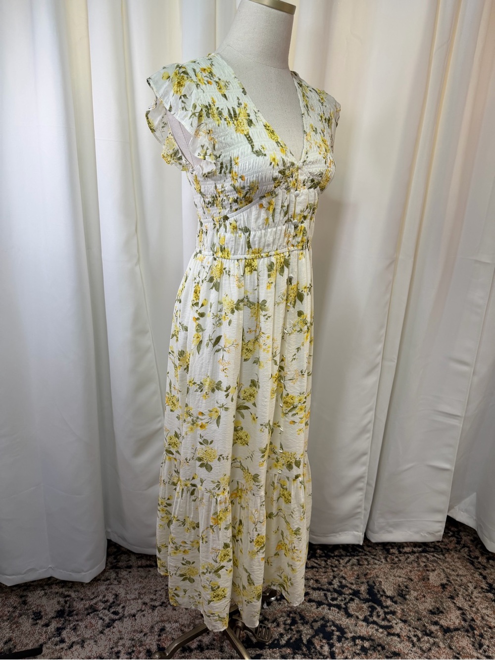 Joie Smocked Yellow Floral V-Neck Midi Dress with Ruffle Cap Sleeves Size Small - Picture 14 of 15